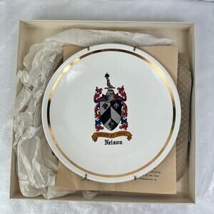 Vintage 1967 Nelson Family Coat of Arms Decorative Plate Gold Rim Heraldic Crest
